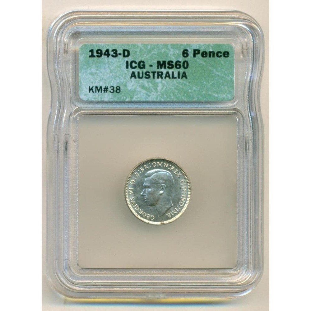 Australia Silver 1943 D 6 Pence MS60 ICG